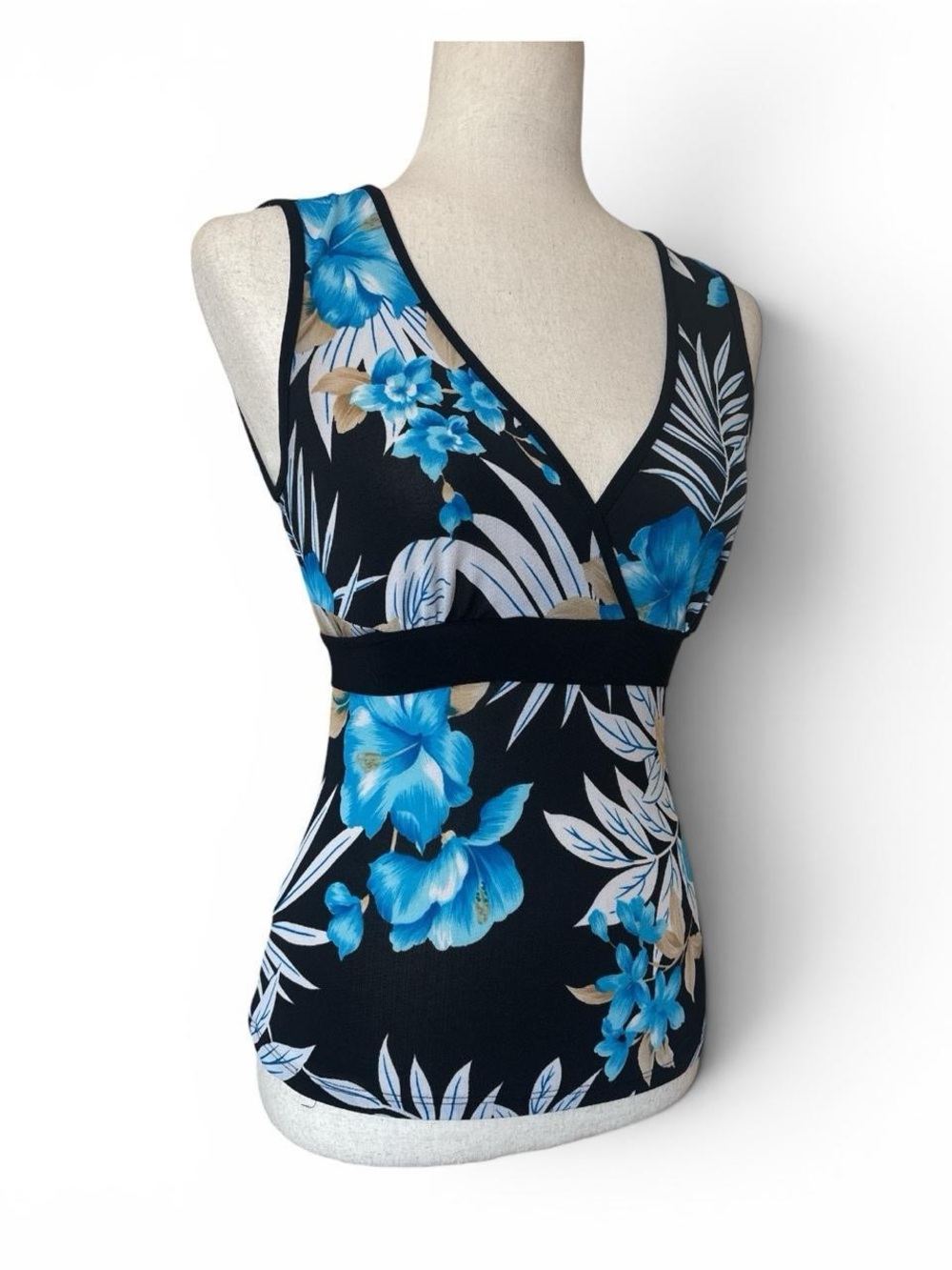 Y2K Black & Blue Floral V-Neck Tank Top with Blue Tropical Print